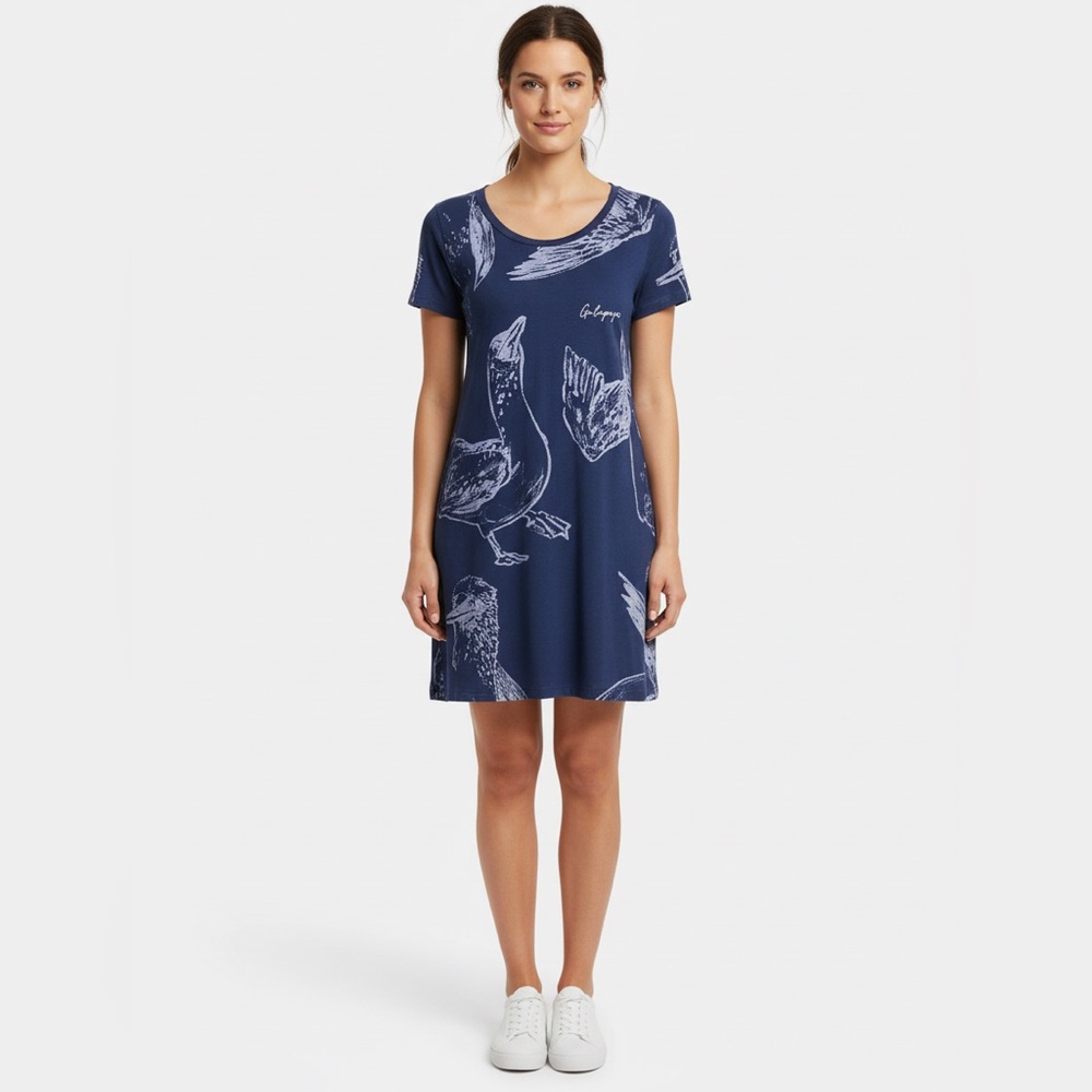 Garua Galapagos True Soul Tshirt dress blue white cotton XS shorebirds design